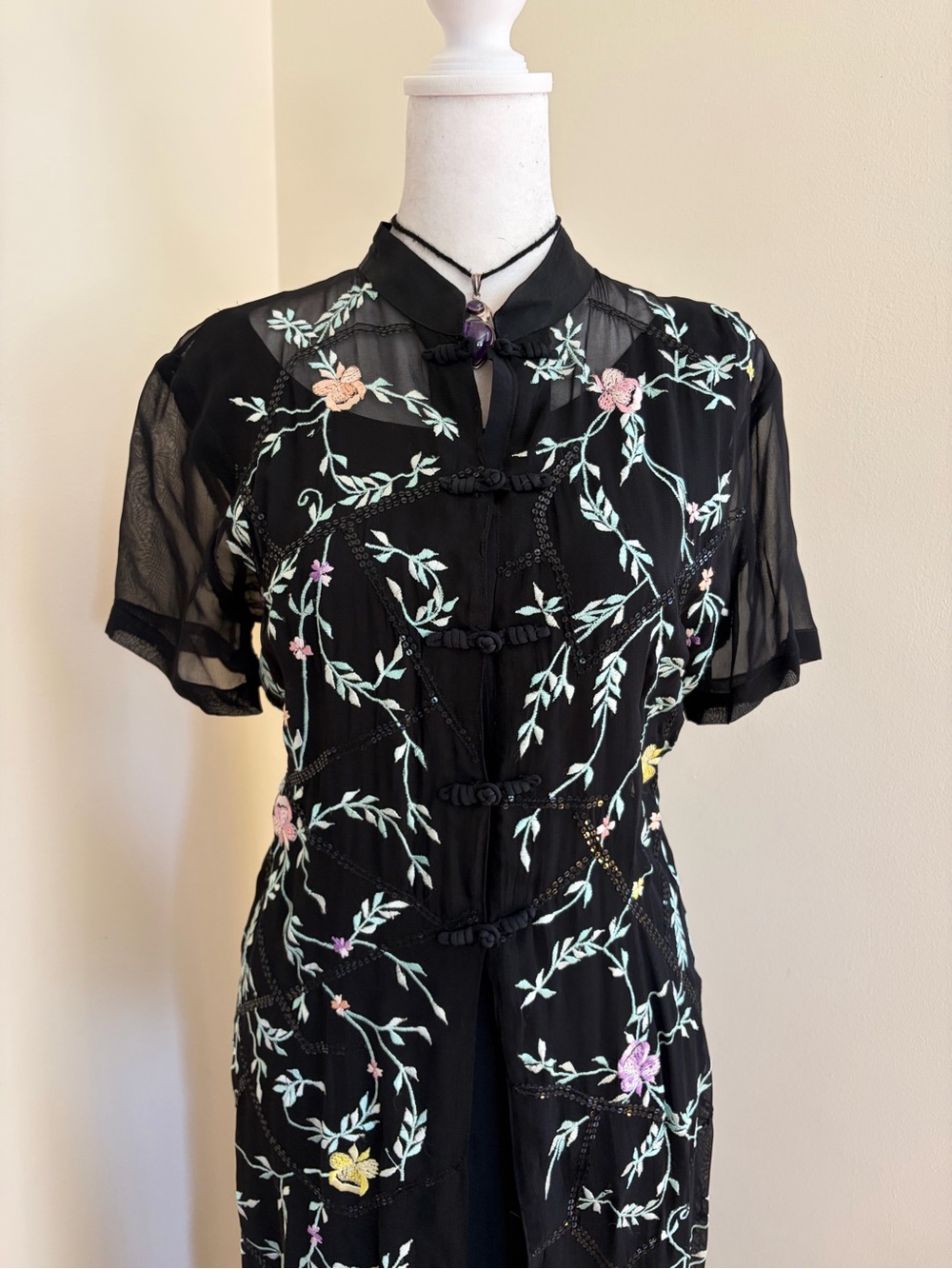 Vintage Y2K embroidered beaded floral sheer black frog clasp mandarin maxi dress